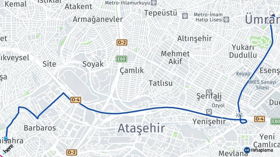 İstanbul Ataşehir Yenisahra Ümraniye Arası Kaç Km - Yol Haritası