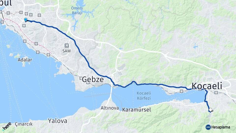 İstanbul Ataşehir Yuvacık Yakacık Başiskele Kocaeli Arası Kaç Km - Yol Haritası