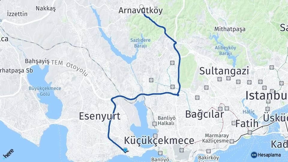 İstanbul Avcılar Ambarlı Arnavutköy Arası Kaç Km - Yol Haritası