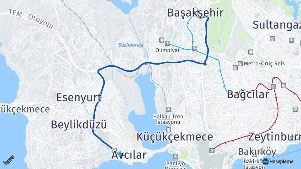 İstanbul Avcılar Ambarlı Başakşehir Arası Kaç Km - Yol Haritası