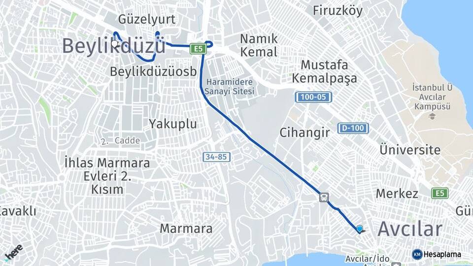 İstanbul Avcılar Ambarlı Beylikdüzü Arası Kaç Km - Yol Haritası