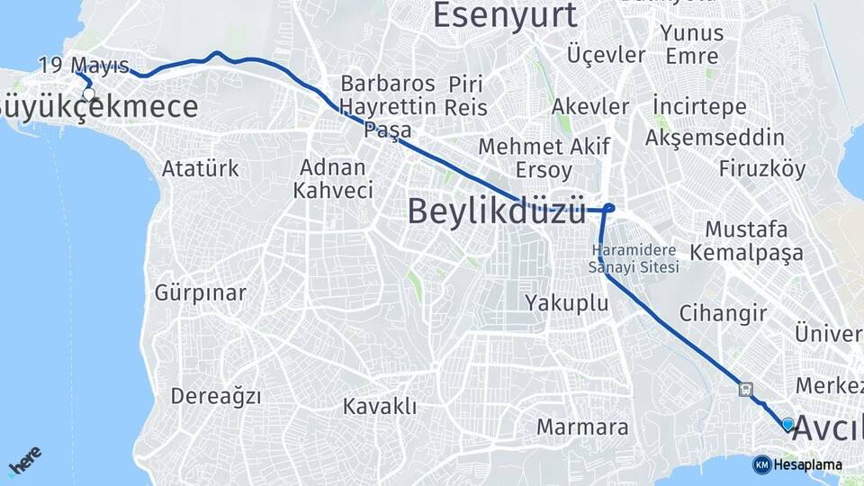 İstanbul Avcılar Ambarlı Büyükçekmece Arası Kaç Km - Yol Haritası