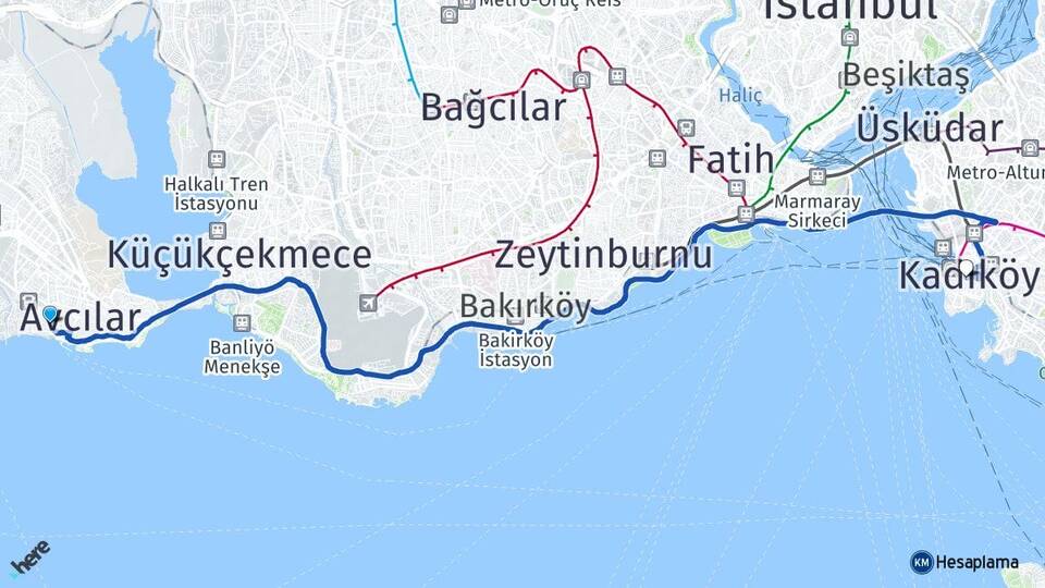 İstanbul Avcılar Ambarlı Kadıköy Arası Kaç Km - Yol Haritası