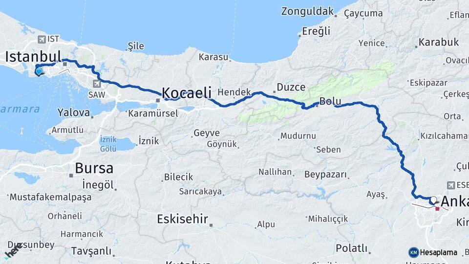İstanbul Avcılar Ambarlı Yenimahalle Ankara Arası Kaç Km - Yol Haritası