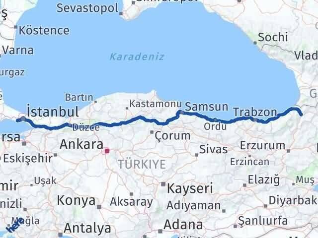 İstanbul Avcılar Artvin Arası Kaç Km - Yol Haritası