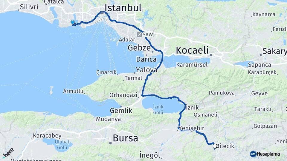 İstanbul Avcılar Bilecik Arası Kaç Km - Yol Haritası