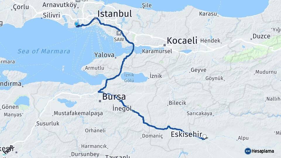 İstanbul Avcılar Eskişehir Arası Kaç Km - Yol Haritası