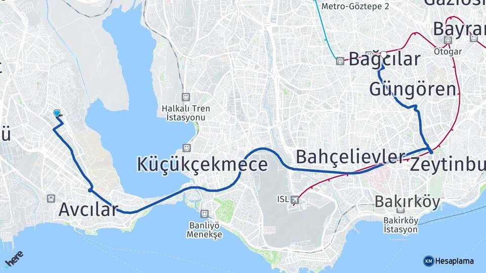İstanbul Avcılar Firuzköy Bağcılar Arası Kaç Km - Yol Haritası