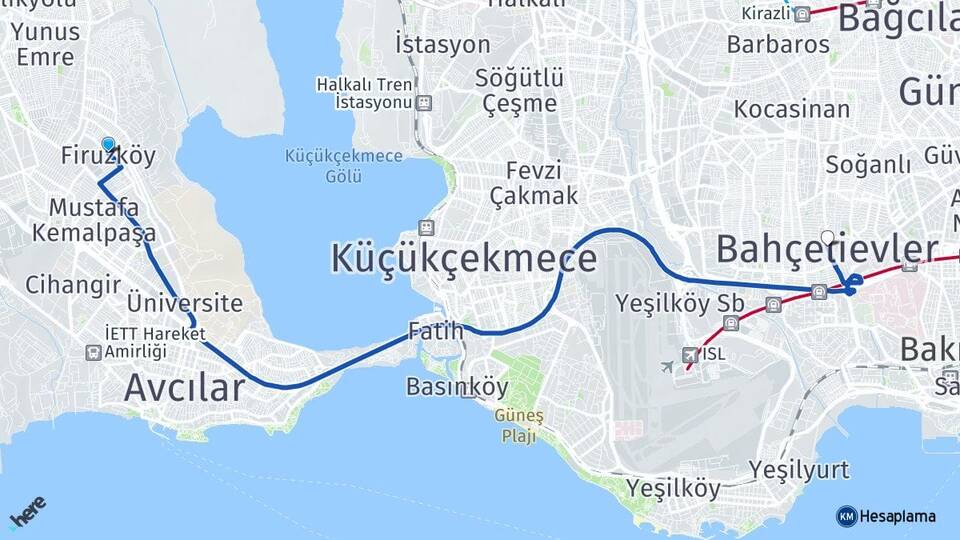 İstanbul Avcılar Firuzköy Bahçelievler Arası Kaç Km - Yol Haritası