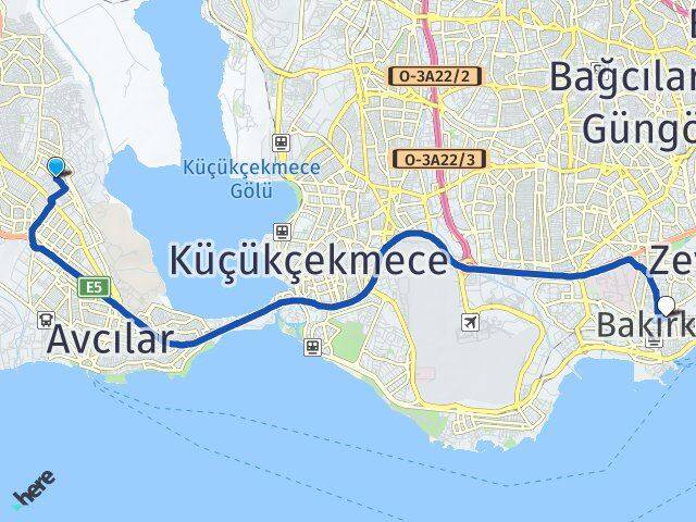İstanbul Avcılar Firuzköy Bakırköy Arası Kaç Km - Yol Haritası