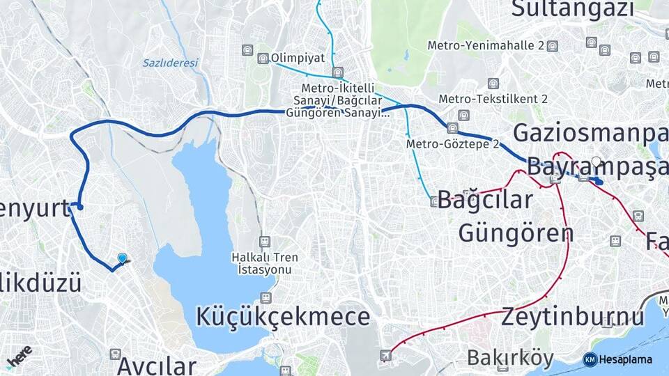İstanbul Avcılar Firuzköy Bayrampaşa Arası Kaç Km - Yol Haritası