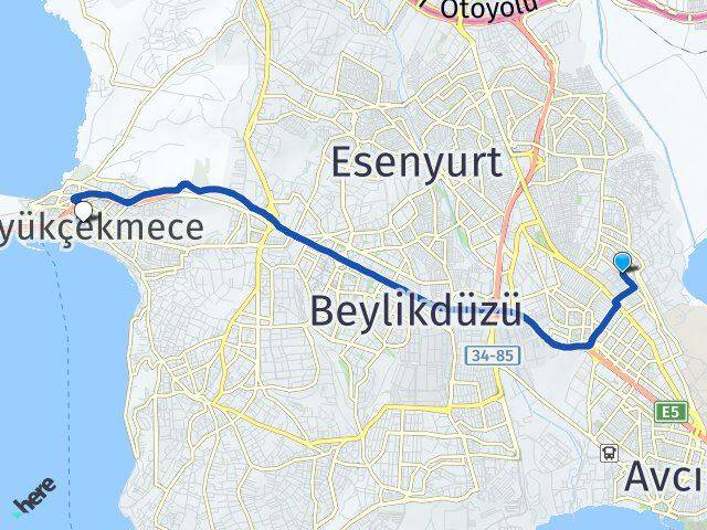İstanbul Avcılar Firuzköy Büyükçekmece Arası Kaç Km - Yol Haritası