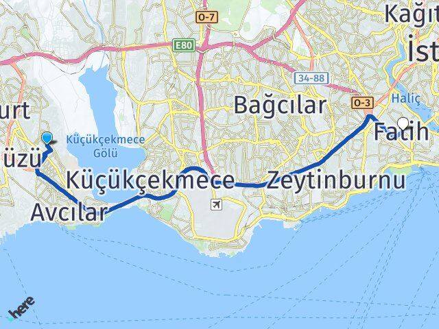 İstanbul Avcılar Firuzköy Fatih Arası Kaç Km - Yol Haritası