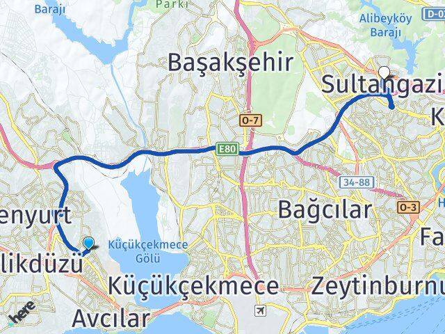 İstanbul Avcılar Firuzköy Sultangazi Arası Kaç Km - Yol Haritası