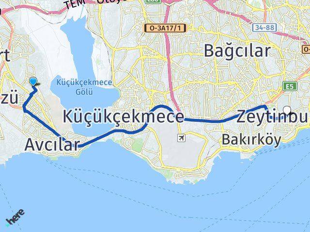 İstanbul Avcılar Firuzköy Zeytinburnu Arası Kaç Km - Yol Haritası