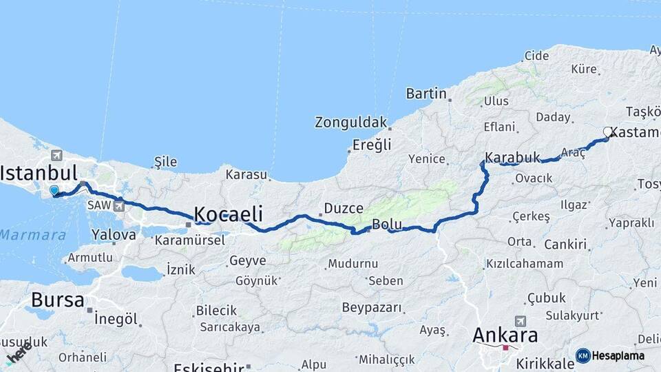 İstanbul Avcılar Kastamonu Arası Kaç Km - Yol Haritası