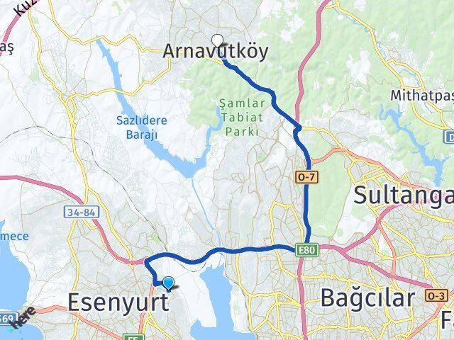 İstanbul Avcılar Yeşilkent Arnavutköy Arası Kaç Km - Yol Haritası
