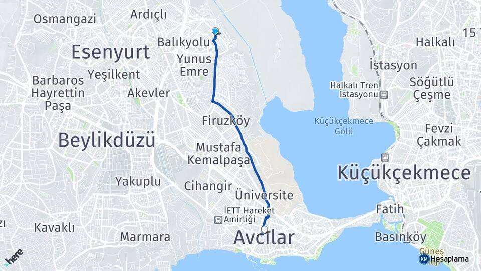 İstanbul Avcılar Yeşilkent Avcılar Arası Kaç Km - Yol Haritası