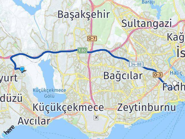 İstanbul Avcılar Yeşilkent Fatih Arası Kaç Km - Yol Haritası