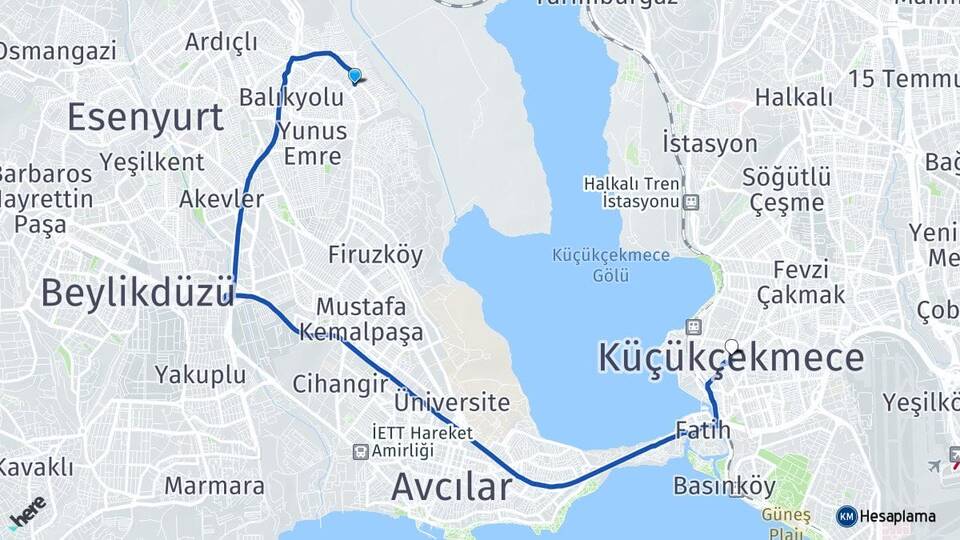 İstanbul Avcılar Yeşilkent Küçükçekmece Arası Kaç Km - Yol Haritası