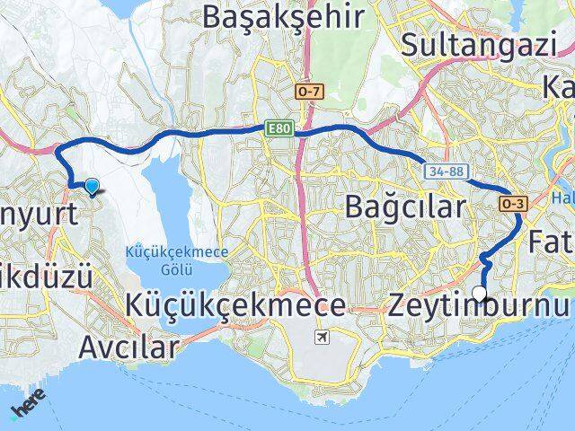 İstanbul Avcılar Yeşilkent Zeytinburnu Arası Kaç Km - Yol Haritası