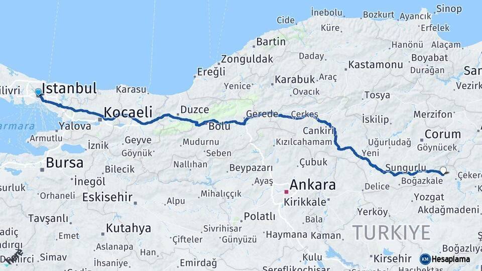 İstanbul Aydıncık Yozgat Arası Kaç Km - Yol Haritası