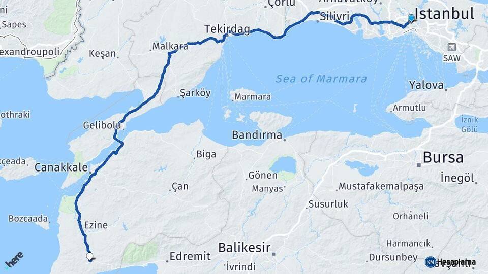 İstanbul Ayvacık Çanakkale Arası Kaç Km - Yol Haritası