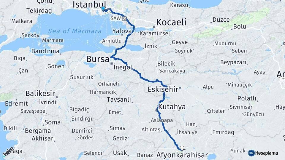 İstanbul Bağcılar Afyonkarahisar Arası Kaç Km - Yol Haritası