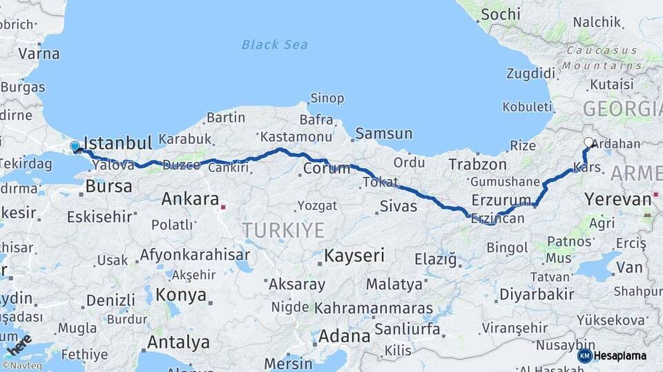 İstanbul Bağcılar Ardahan Arası Kaç Km - Yol Haritası