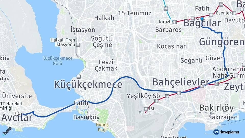 İstanbul Bağcılar Avcılar Arası Kaç Km - Yol Haritası