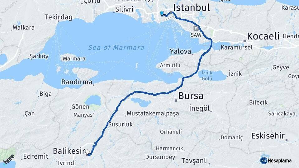 İstanbul Bağcılar Balıkesir Arası Kaç Km - Yol Haritası