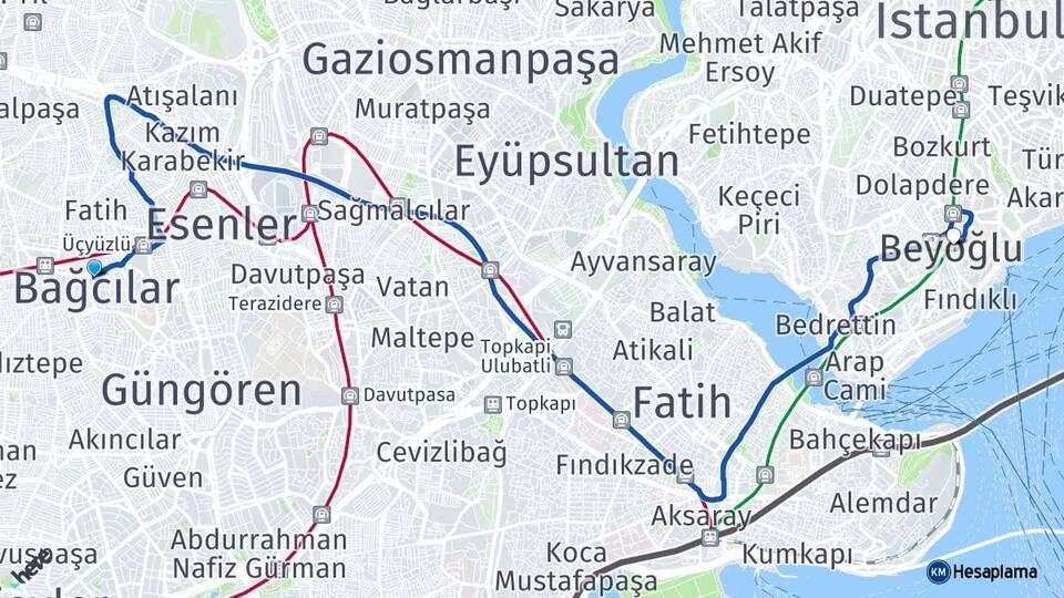 İstanbul Bağcılar Beyoğlu Arası Kaç Km - Yol Haritası