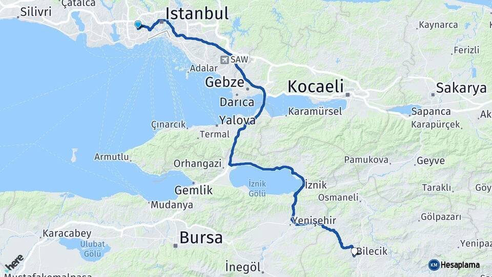 İstanbul Bağcılar Bilecik Arası Kaç Km - Yol Haritası