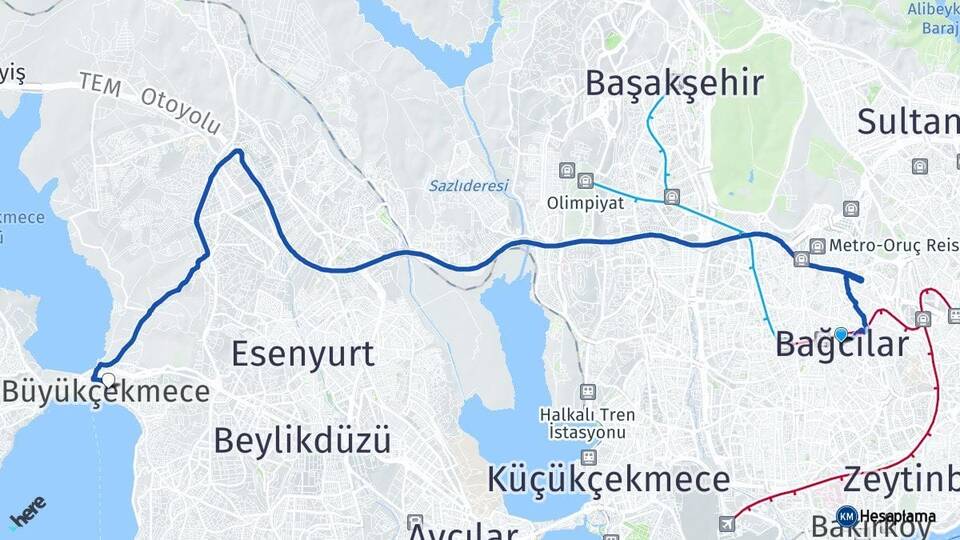İstanbul Bağcılar Büyükçekmece Arası Kaç Km - Yol Haritası