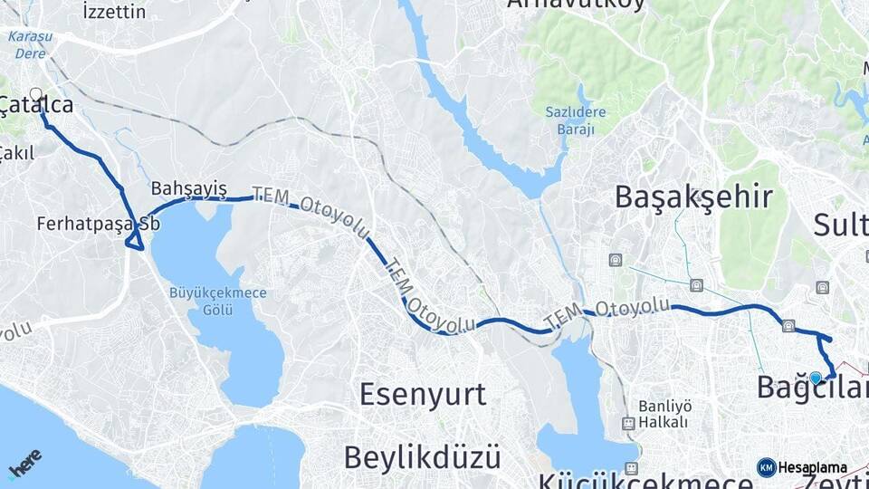 İstanbul Bağcılar Çatalca Arası Kaç Km - Yol Haritası