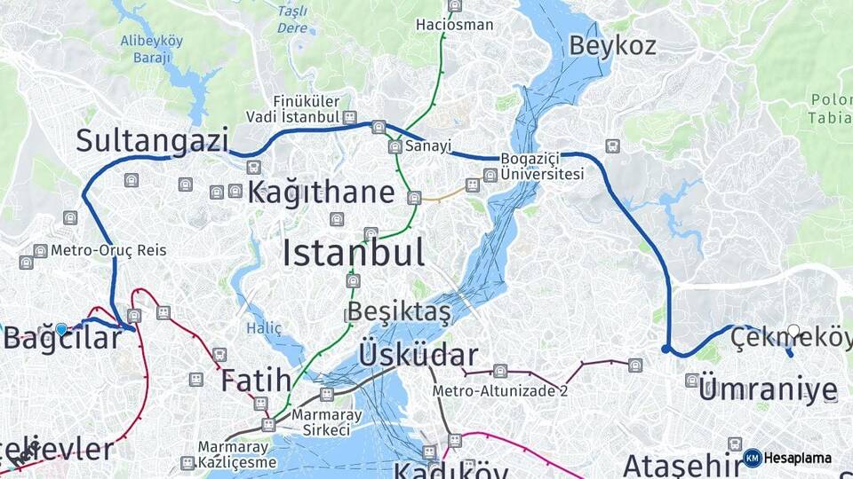 İstanbul Bağcılar Çekmeköy Arası Kaç Km - Yol Haritası