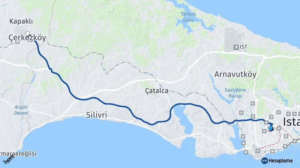 İstanbul Bağcılar Çerkezköy Tekirdağ Arası Kaç Km - Yol Haritası