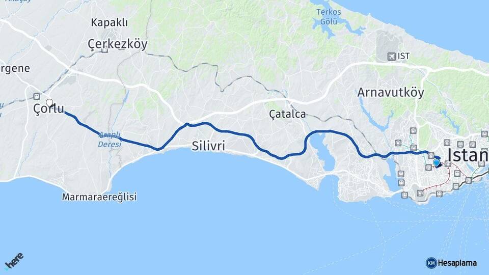 İstanbul Bağcılar Çorlu Tekirdağ Arası Kaç Km - Yol Haritası