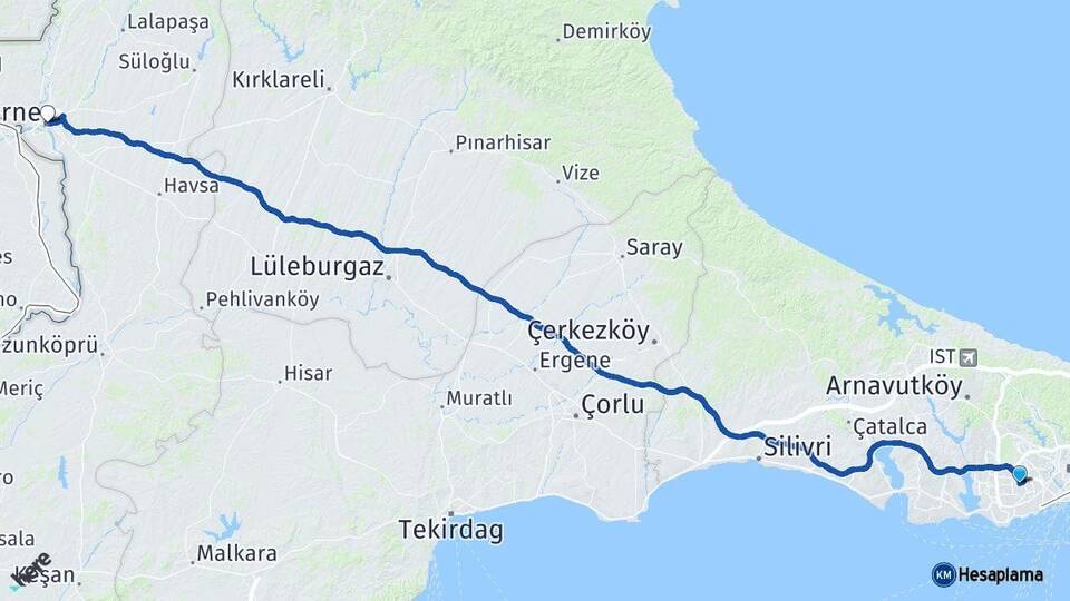 İstanbul Bağcılar Edirne Arası Kaç Km - Yol Haritası