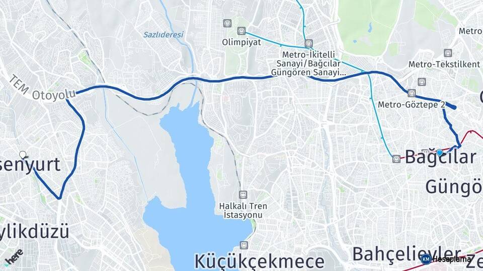 İstanbul Bağcılar Esenyurt Arası Kaç Km - Yol Haritası