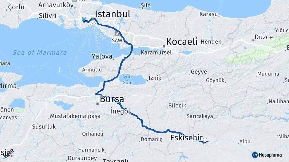 İstanbul Bağcılar Eskişehir Arası Kaç Km - Yol Haritası
