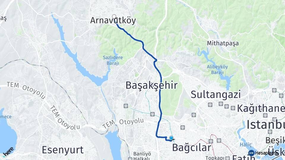 İstanbul Bağcılar Güneşli Arnavutköy Arası Kaç Km - Yol Haritası