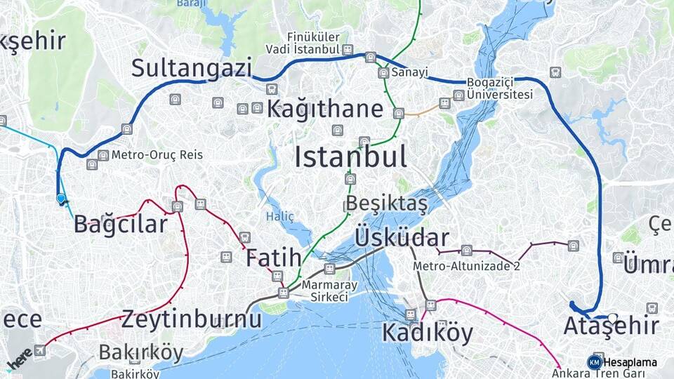 İstanbul Bağcılar Güneşli Ataşehir Arası Kaç Km - Yol Haritası