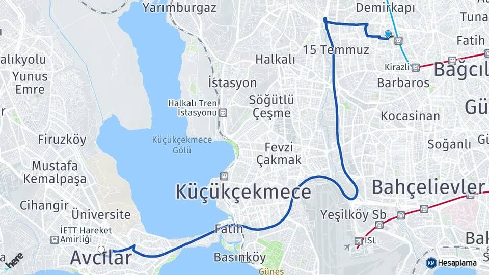 İstanbul Bağcılar Güneşli Avcılar Arası Kaç Km - Yol Haritası