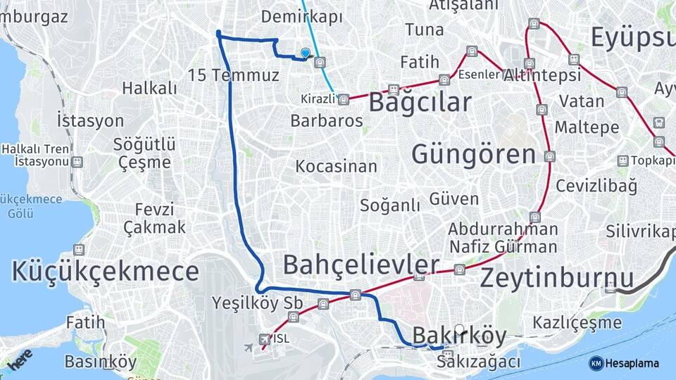 İstanbul Bağcılar Güneşli Bakırköy Arası Kaç Km - Yol Haritası