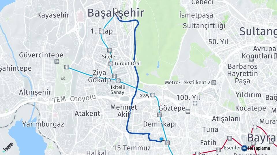 İstanbul Bağcılar Güneşli Başakşehir Arası Kaç Km - Yol Haritası