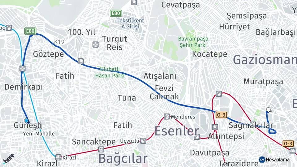 İstanbul Bağcılar Güneşli Bayrampaşa Arası Kaç Km - Yol Haritası