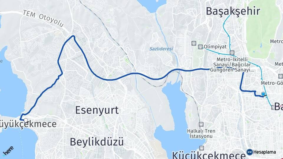 İstanbul Bağcılar Güneşli Büyükçekmece Arası Kaç Km - Yol Haritası