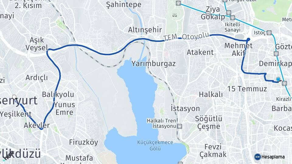 İstanbul Bağcılar Güneşli Esenyurt Arası Kaç Km - Yol Haritası