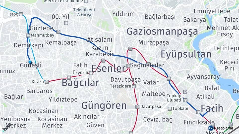 İstanbul Bağcılar Güneşli Fatih Arası Kaç Km - Yol Haritası